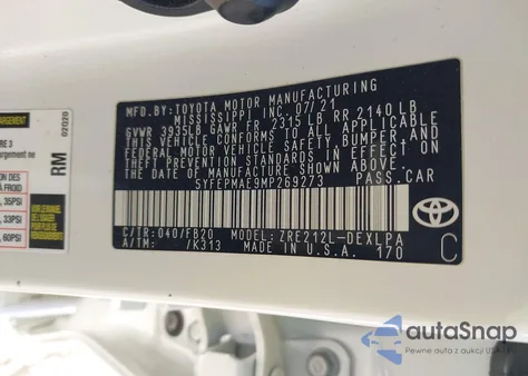 2021 Toyota Corolla Le из США, поврежденный, VIN 5YFEPMAE9MP269273